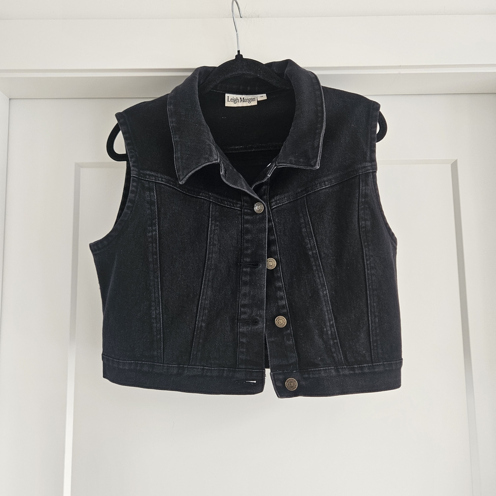 Vintage Leigh Morgan Black Denim Vest Cropped - Medium